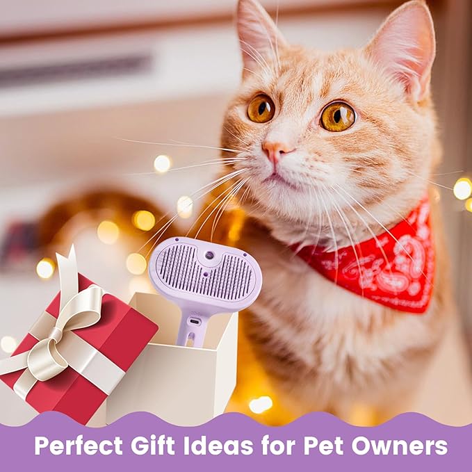 3 in 1 Cat Steam Brush, Pet Spray Hair Removal Comb for Shedding & Grooming, Water Brush for Cats Dogs Small Animals Long Short Haired with One-Click Release Button(Purple)-PurrikoPets