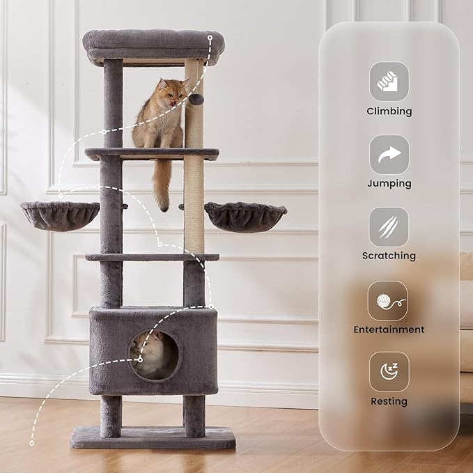 Gardner Pet 65in Heavy Duty Cat Tree Tower for Large Cats, Multi-Level Cat Furniture with Replaceable Sisal Scratching Post, Hammock | Extra-Large Platform & Condo (Grey)-PurrikoPets