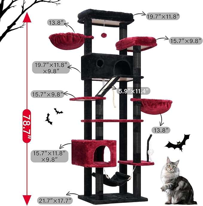 Gothic Cat Tree for Large Cats, 78.7"(200cm) Tall Cat Tower for Indoor Cats Multiple Cats with Large Top Perch, Cat Condo, Cat Hammcok, Cat Scratching Post, Black and Red GCT031BR-PurrikoPets