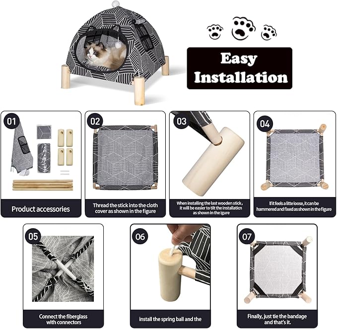 2-in-1 Elevated Cat Tent Cat House, Quick Assembly and Disassembly, Portable Indoor/Outdoor Cute Cat Bed Cave-Black Diamond Pattern-PurrikoPets