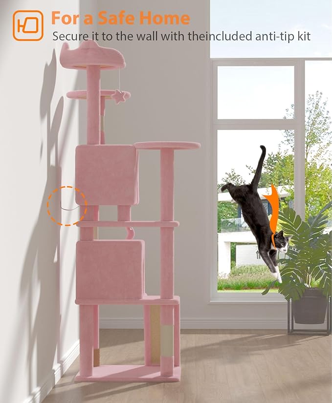 70'' Cat Tree Tower for Indoor Cats Large Adult,Cute/Tall Modern Cat Tree for Big Cats 20 lbs,Plush Multi-Level Cat Condo with Scratching Posts,Dangling Ball for Fun Play(Soft Pink, 70 inch)-PurrikoPets