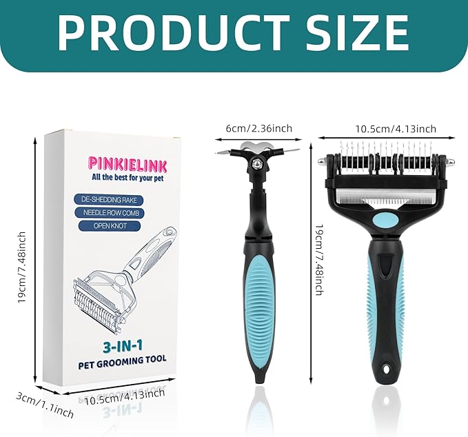 3-IN-1 Pet Grooming Tool - Undercoat Rake, Dematting Comb & Deshedding Brush for Cats & Dogs - Removes Mats, Tangles & Loose Fur, Reduces Shedding & Prevents Hair Mess (Blue)-PurrikoPets