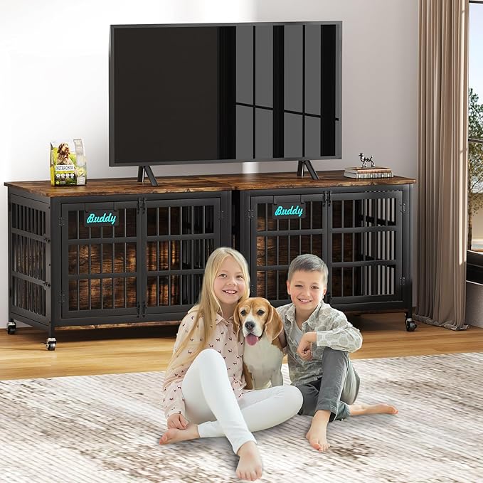 EasyCom 41"/33"/27" Dog Crate Furniture with Name Tag, Heavy Duty Dog Kennel Indoor for Medium Dogs, Double-Doors Sturdy Metal Dog Cage for Anxiety Dog, Decorate House as TV Stand, End Table-PurrikoPets