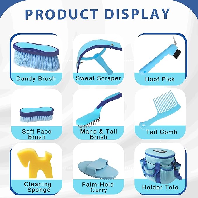 Horse Grooming Kit 9pcs Horse Brushes Equine Grooming Brushes Tack Room Supplies Set with Organizer Tote-PurrikoPets
