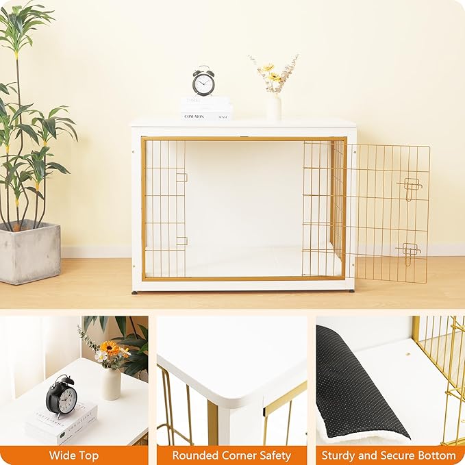 DWANTON Dog Crate Furniture with Cushion, Wooden Kennel Table with Double Doors, Indoor Dog House, Extra Large Size, 43.3" L, White+Gold-PurrikoPets