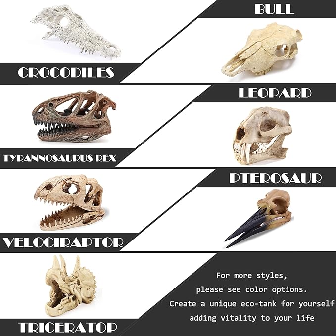Fish Hideout Cave Dinosaur Animal Skull Reptile Ornament Halloween Décor for Terrarium Aquarium Large Decorations Betta Tarantula Snake Decor Bones-PurrikoPets