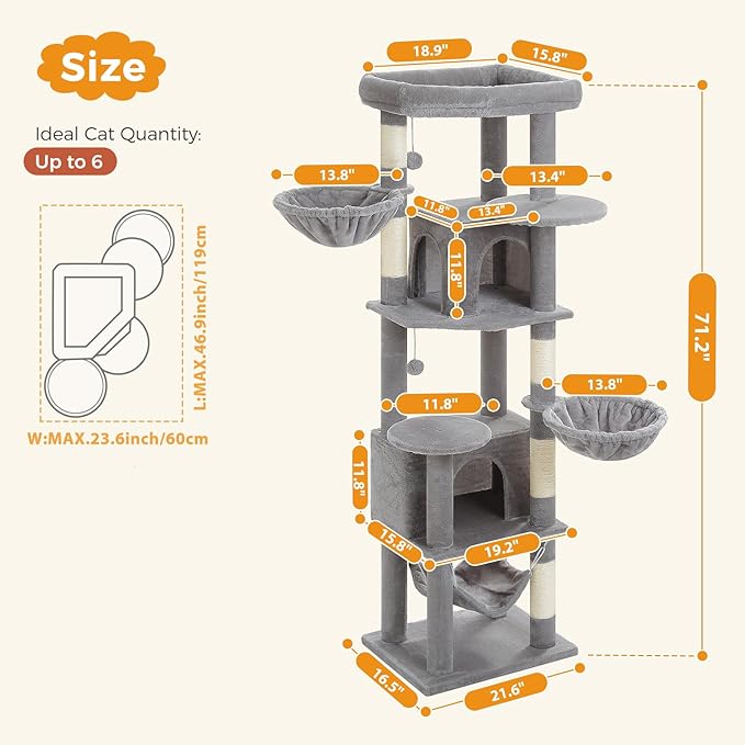 71.2" Tall Cat Tree for Indoor Cats - 9-Level Multi-Cat Tower w/5 Sisal Scratching Posts, 2 Condos, 3 Hammocks, Perch & Pom Poms - Heavy-Duty for Adult Cats, Space-Saving Plush Gray-PurrikoPets