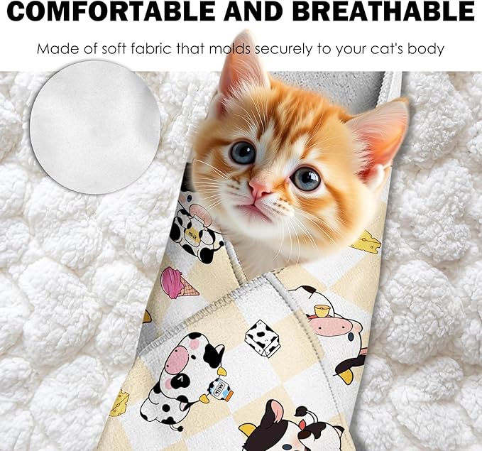27.6" Cat Grooming Wrap, Self Adhesive Cat Wrap for Cutting Nails, Anti-Escape Calming Cat Swaddle Wrap for Medicine Ear Cleaning, Cartoon Cow Anti-Scratch Cats Burrito Restraint Blanket, Pet Tool-PurrikoPets