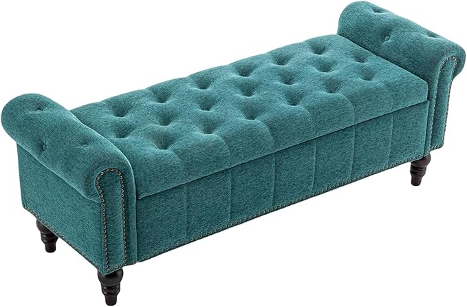 58’’ Storage Bench for Bedroom, Upholstered Button-Tufted Ottoman with Solid Wood Legs, Queen Size End of Bed Shoe Cabinet, Window Seat Foot Rest Stool for Entryway, Living Room (Teal)-PurrikoPets