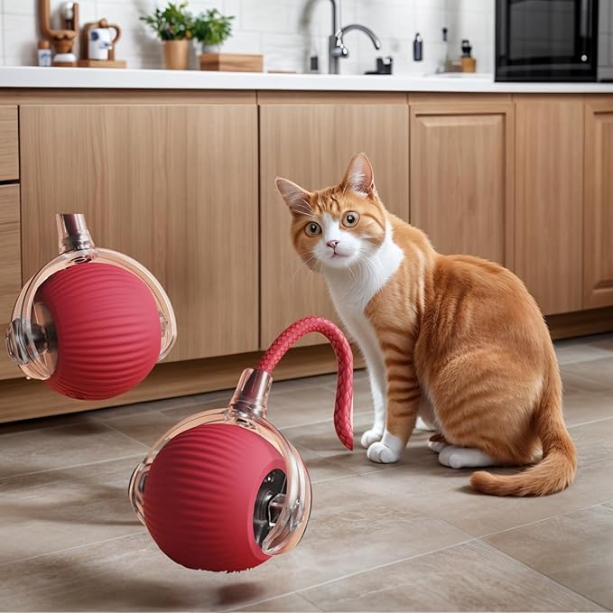 Electric Cat Toy - Automatic Rolling cat Toy with Motion sensors, Designed for Indoor Cats, Suitable for Solo Play (USB Rechargeable) (Red)-PurrikoPets
