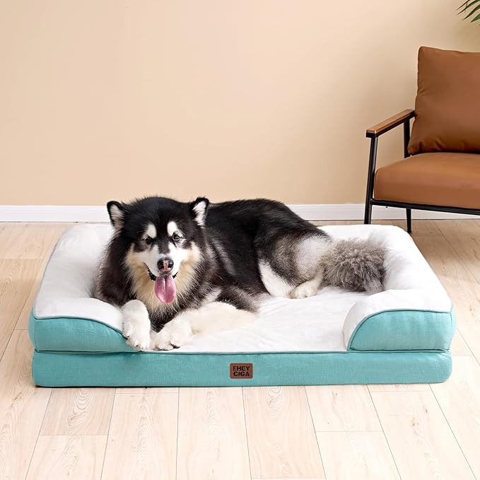 EHEYCIGA Orthopedic Dog Beds for Extra Large Dogs, Waterproof Memory Foam XL Pet Bed with Sides, Non-Slip Bottom and Egg-Crate Foam Big Dog Couch Bed with Washable Removable Cover, Turquoise Blue-PurrikoPets