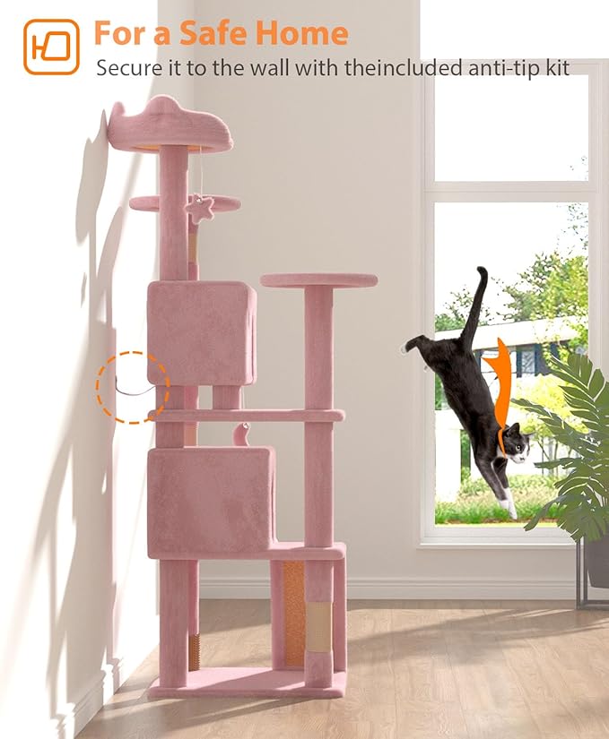 60'' Cat Tree Tower for Indoor Cats Large Adult,Cute/Tall Modern Cat Tree for Big Cats 20 lbs, Plush Multi-Level Cat Condo with Scratching Posts,Dangling for Fun Play (Soft Pink, 60 inch)-PurrikoPets