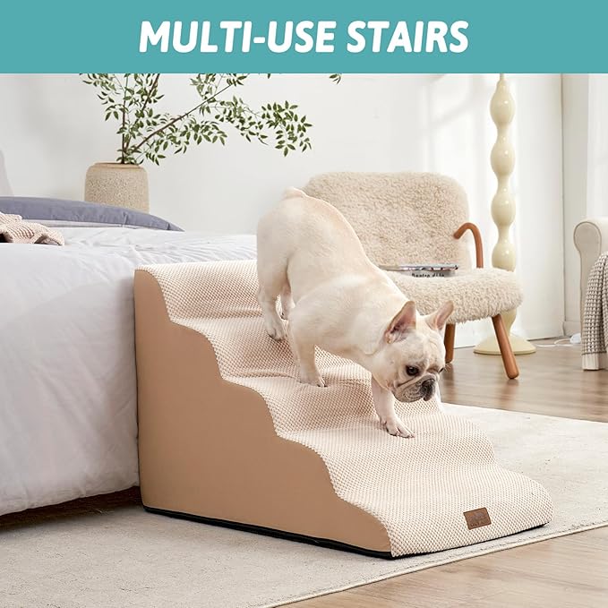Extra Wide Dog Stairs 19.7" Width, Pet Step for Small Medium/Large Dog, Puppy or Cat, Pet Ramp for High Bed or Car, High Density Foam Ladder, Stable, 5 Step, 19.7x33x22.4 in, Beige-PurrikoPets