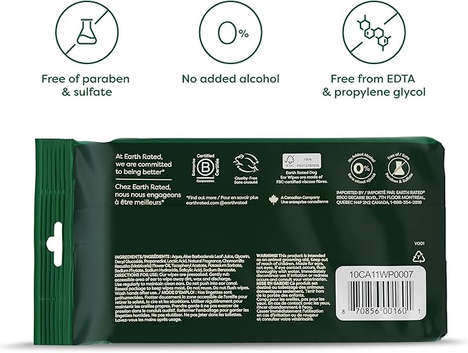 Earth Rated Vet-Developed Pet Ear Wipes, Hypoallergenic Cleaner for Dogs & Cats Ears to Remove Dirt and Wax Build Up, Wild Oat Scent, 70 Count-PurrikoPets