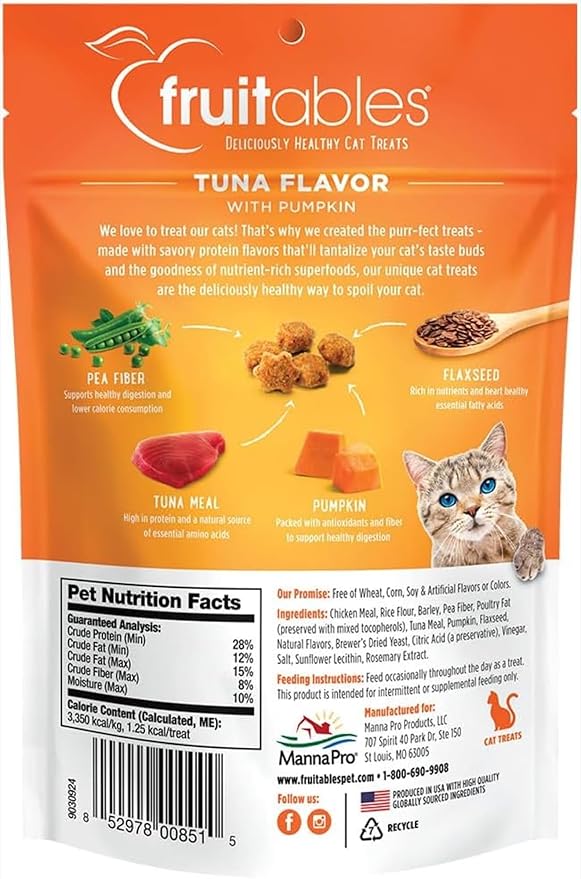 Fruitables Cat Treats, Healthy Treats For Cats, Low Calorie and Packed with Protein, Crunchy Biscuits, Free of Wheat, Corn and Soy, Made with Real Tuna and Pumpkin, 2.5oz-PurrikoPets