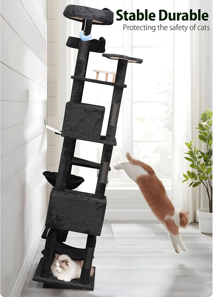 85inch Giant Cat Tree for Heavy Duty Big Cats, Multi-Level Luxury Cat Tower with Scratching Post, Cat Condo with Hammocks & Plush Perches for Indoor Cats Large Adult, Black-PurrikoPets