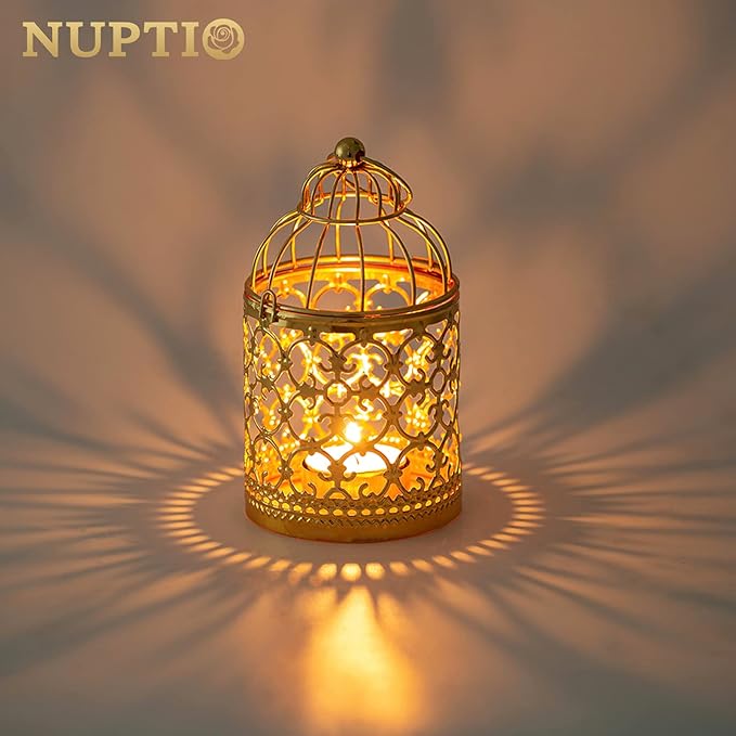 6 Pcs Small Metal Tealight Hanging Birdcage Lantern, Vintage Decorative Centerpieces of Wedding, Party, Gold-PurrikoPets