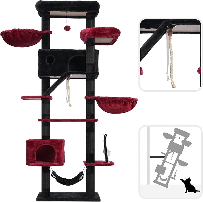 Gothic Cat Tree for Large Cats, 78.7"(200cm) Tall Cat Tower for Indoor Cats Multiple Cats with Large Top Perch, Cat Condo, Cat Hammcok, Cat Scratching Post, Black and Red GCT031BR-PurrikoPets