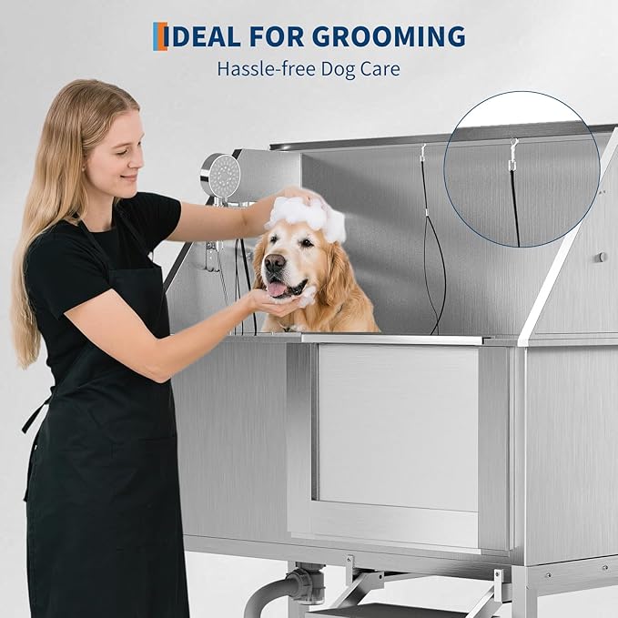 50" Stainless Steel Professional Dog Washing Station - Pet Bathing Tub w/Non-Slip Stairs | Slip-Resistant Floor Grate | for Large/Medium/Small Dogs-PurrikoPets