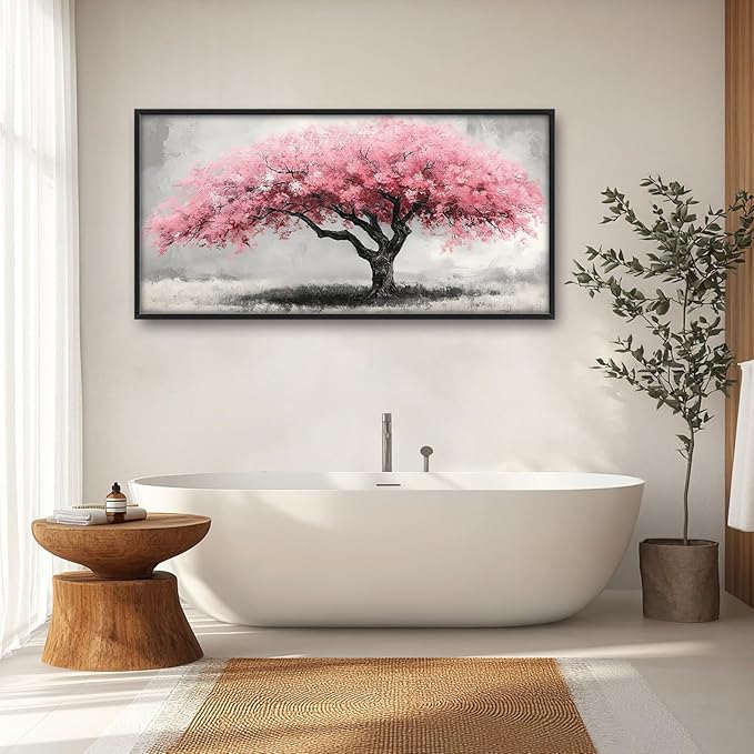 Extra Large Framed Pink Tree Wall Art,Abstract Tree of Life Wall Decor,Pink and Grey Pictures for Living Room,Canvas Print Painting Modern Artwork Bedroom Office Bathroom Home Decor 60L x30W-PurrikoPets