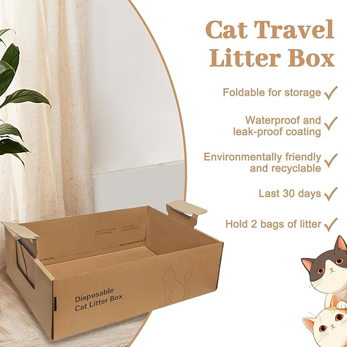 3-Pack Disposable Litter Boxes for Cats,Disposable 100% Renewable Cardboard Foldable Litter Boxes,Large-Capacity Portable Cardboard Cat Litter Box,Waterproof Travel Litter Box,17.2'' x 12.2'' x 5.3''-PurrikoPets