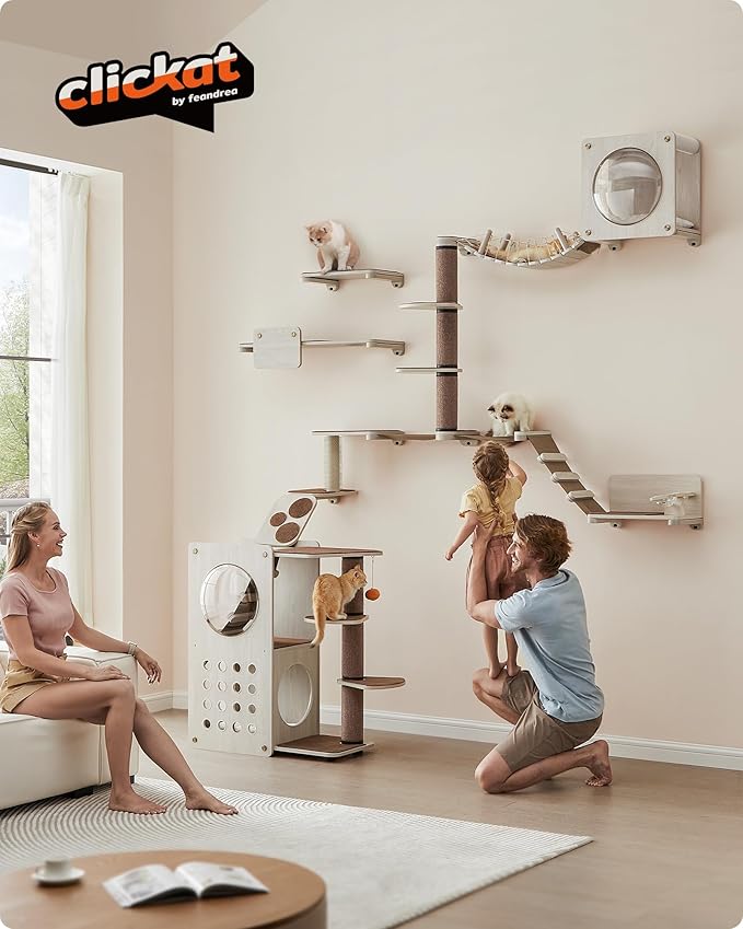 Feandrea Clickat Collection - No.006 Cat Tree Scratching Post, 39.7-Inch Tall Thicker Wall Mounted Cat Scratcher Posts, 2 Cats Perch Platform, Easy Assembly, Suit for Multi Cats Climb Play Nap Scratch-PurrikoPets