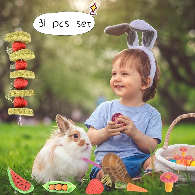 31 Pcs Small Pet Chew Toys for Dental Health - Natural Apple Wood, Timothy Grass Sticks & Sweet Bamboo, Teeth Grinding Toys for Rabbits, Guinea Pigs, Hamsters, Chinchillas Cage Accessories-PurrikoPets