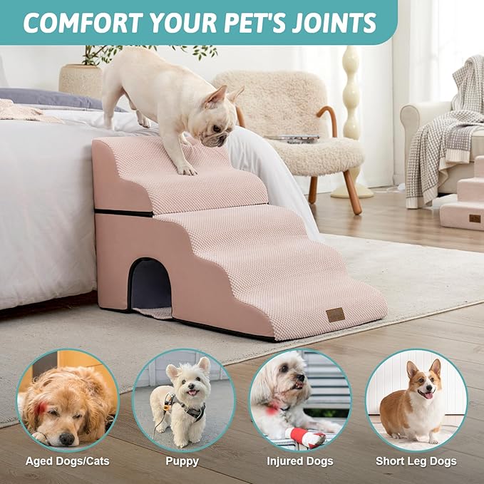 Extra Wide Dog Stairs with Tunnel, Detachable Large Pet Step for Small Medium Dog, Puppy or Cat, Ramp for High Bed, Couch, Sofa or Car, Stable, 19.7x33x22.4 inch, 5 Step, Pink-PurrikoPets