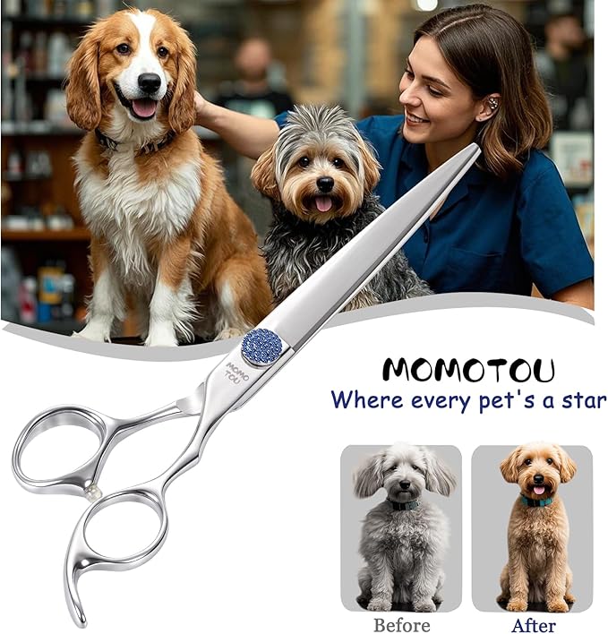 7.5'' Dog Grooming Scissors CNC 440C Blades Sharp and Durable Polished Straight Dog Shears with Blue Diamond Adustable Screws Easy to Use for Groomer and Home User-PurrikoPets
