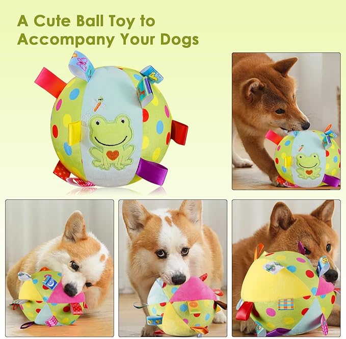 Dog Squeaky Plush Toy with Straps, 6-Inch Soft Stuffed Ball with Cotton Material and Bell Built-in, Pet Interactive Fetch Toy for Small to Large Dog-PurrikoPets