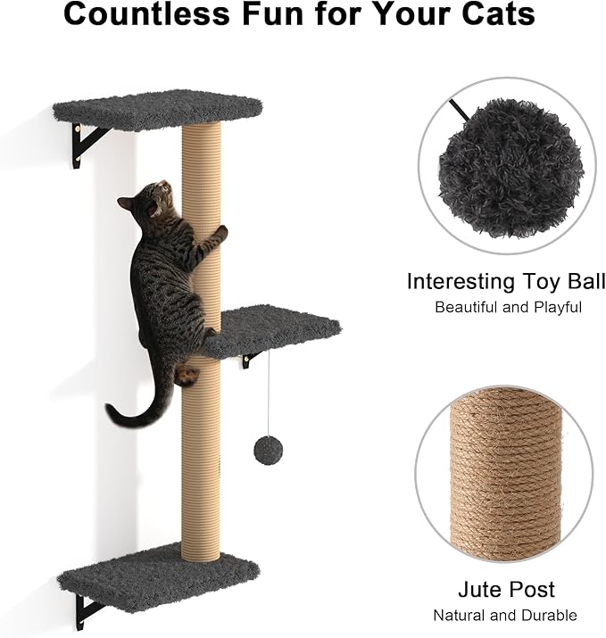 FUKUMARU Cat Wall Shelves, Stable & Safe 4 in 1 Cat Furniture Set, Wooden Climbing Wall with Scratching Post for 16 Inch Drywall - Gray-PurrikoPets