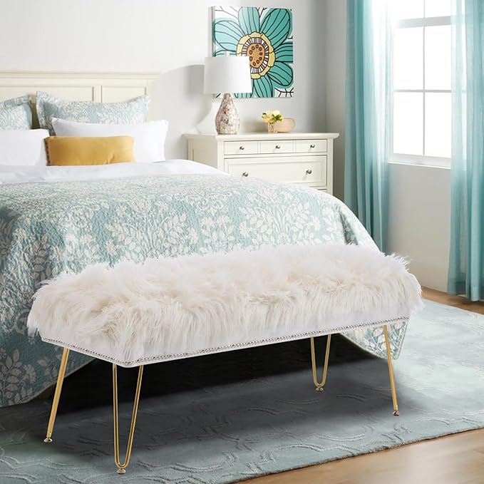 46 Inch White Bedroom Bench, Benches for Bedroom White Faux Fur Upholstered Bed end Bench, Tufting Ottoman Bench Indoor Bench with Metal Legs for Living Room Bedroom Entryway, White-PurrikoPets