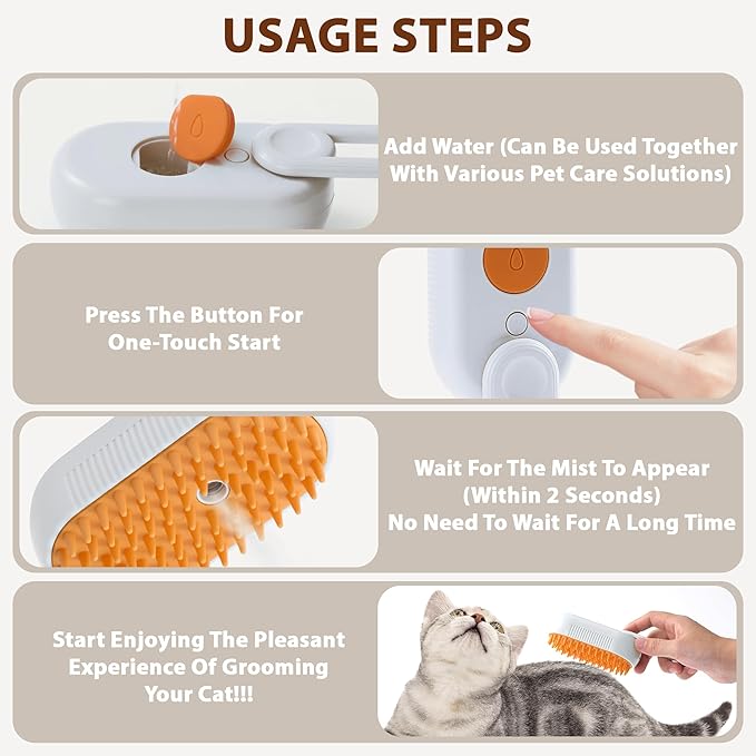 4 in 1 Cat Steam Brush, Rechargeable Steam Brush for Cats and Dogs, Anti-Static Cat Spray Brushes, Massage, Cleaning, Shedding & Combing All In One! White-PurrikoPets