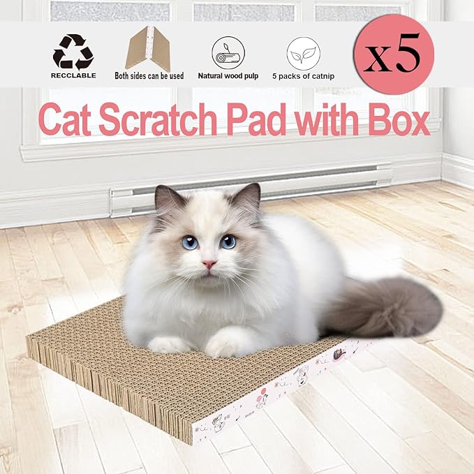 5 Packs in 1 Cat Scratch Pad with Box, Cat Scratcher Cardboard,Reversible,Durable Recyclable Cardboard, Suitable for Cats to Rest, Grind Claws and Play with Scratch Box-PurrikoPets