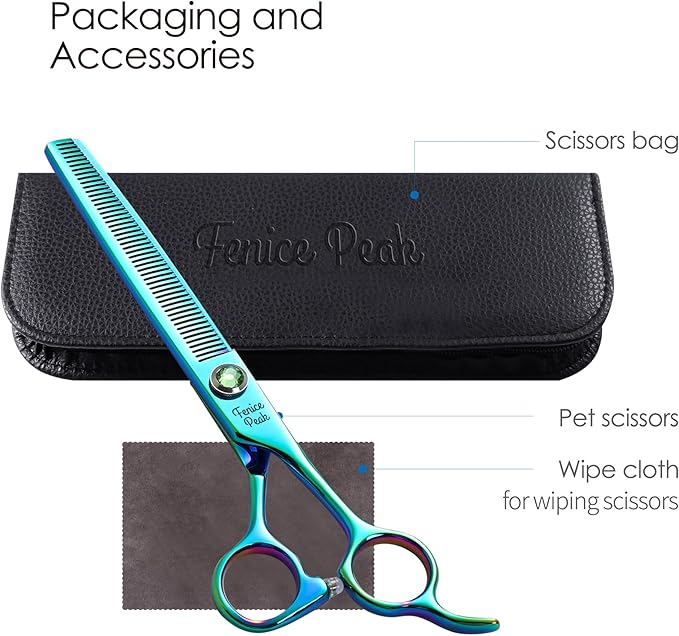 Fenice Peak 7'' Green Thinning Dog Grooming Scissors Pet Shears with Ergonomic Offest Handle and Simulated Emerald Screw 440C Grooming Scissors Trimming Shears Durable and Sharp-PurrikoPets