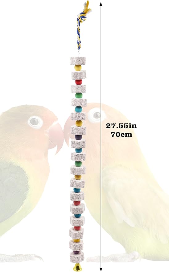 2 Pack 27 Inches Extra Long Bird Chewing Toy, Parrot Beak Grinding Calcium Stone with Bells, Bird Cage Accessories, Cage Toys for Cockatiel Parakeet Parrot Budgies Rat Hamster Rabbit African Grey-PurrikoPets
