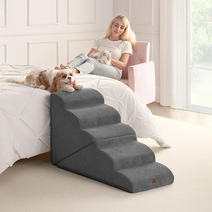 EHEYCIGA Curved Foldable Dog Stairs Ramp for High Beds 22.5" H, 5-Step Dog Steps for Small Dogs and Cats, Pet Stairs for High Bed Climbing, Non-Slip Balanced Pet Step Indoor, Grey-PurrikoPets