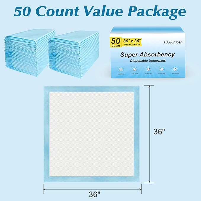 50 Count 36" x 36" Super Absorbency Disposable Underpads - Leakproof Quick Drying Pads for Baby, Puppy & Adults, Bed Pads, Incontinence & Dog Pee-PurrikoPets