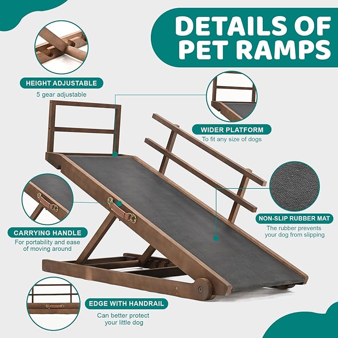 Dog Ramp for Bed, Adjustable Pet Ramps for Dog to Get on Bed, Non-Slip Rubber Surface - Folding Wooden Dog Ramp for Small/Large/Old Dogs, Adjustable up to 23.5 inch High Beds, Safety Railings-PurrikoPets