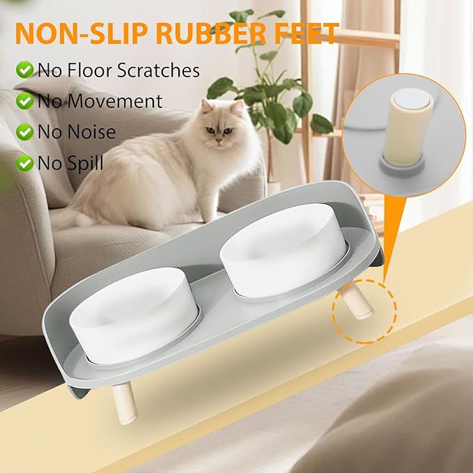 Elevated Dog Bowls Set, Ceramic Pet Food & Water Bowls with Non-Slip Stand, No Spill Design for Cats/Small Medium Dogs Gray-PurrikoPets