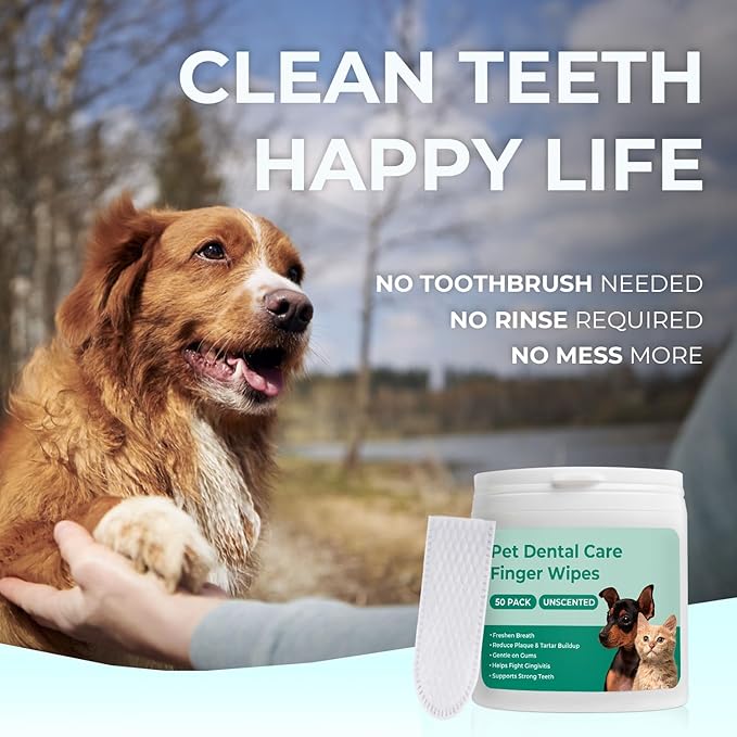 Dog Teeth Cleaning Wipes 50 Pack, Reduces Plaque and Freshens Breath, Dog Dental Wipes Dog Tooth Brushing Kit, No-Rinse Dog Toothbrush Finger Wipes Dental Care for Dogs Cats-PurrikoPets