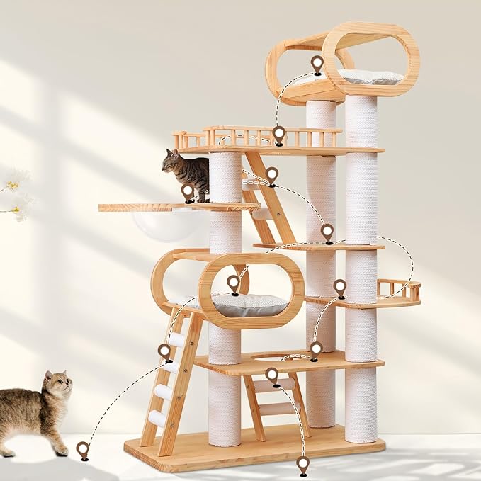 76.8'' Tall Modern Large Cat Tree,Multi-Level Wood Cat Tower for Indoor Cats Large Adults,Luxury Heavy Duty Cat Condo with Cushion,Scratching Posts,Clear Hammock Activity (76.8inch)-PurrikoPets