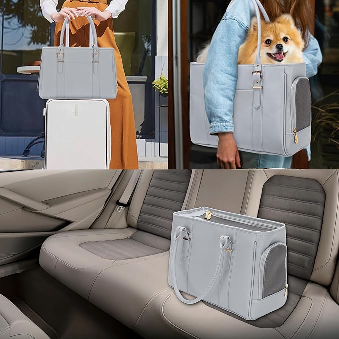 Fashion Pet Carrier Dog Purse Cat Bag Soft-Sided Carriers Travel Airline Approved, Stylish Leather Tote Handbag for Small Animal Puppy Kitten (Grey)-PurrikoPets