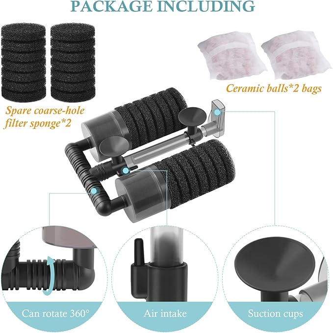 Air Powered Aquarium Sponge Filter with Biochemical Sponge and Ceramic Balls, Quiet Submersible Fish Tank Filter for 8-20Gallon (M-6.7in)-PurrikoPets