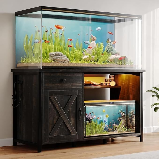 4ever2buy 55 Gallon Fish Tank Stand with LED Light & Power Outlets, 55-75 Gallon Aquarium Stand with Drawer & Barn Door, Cabinet for Fish Tank Accessories Storage for Reptile Tank, Turtle Tank, Oak-PurrikoPets