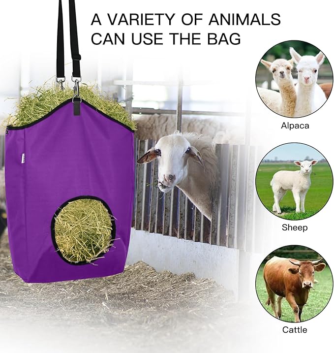 3 Packs Goat Hay Feeder,Hay Bags for Goats,Horses,Sheep,Premium 600D Oxford Cloth,with Metal Fastener and Adjustable Open Feed Hole for Slow Feeding. (2Purple + 1Black)-PurrikoPets