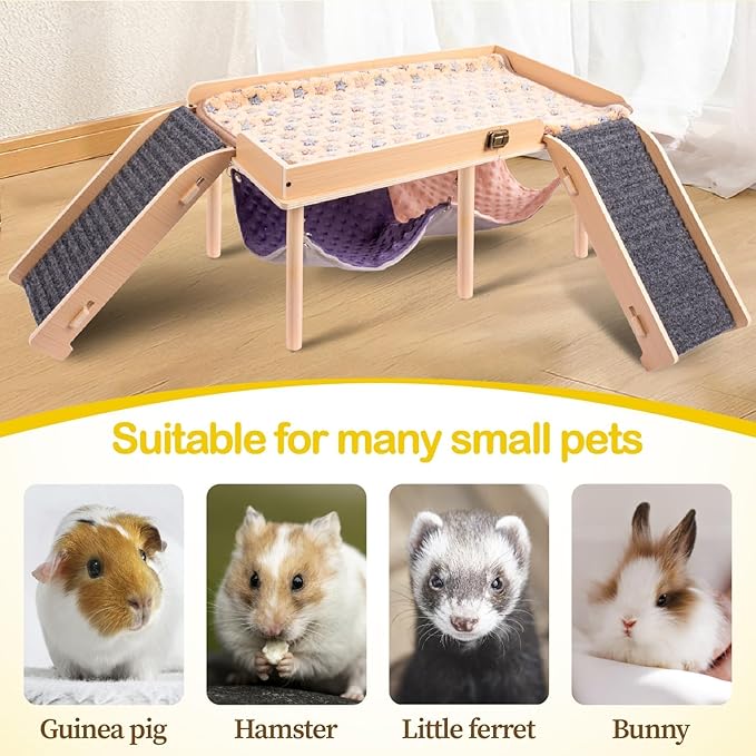 Enlarged Guinea Pig Hammock with Platform and Stairs,Wooden Foldable Piggies Hideout for Guinea Pigs Bunny Ferret Hamster Hiding Sleeping Activities 24L x 12W x 11H in(Double)-PurrikoPets