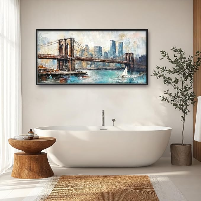 Extra Large Framed Brooklyn Bridge Wall Art,New York City Wall Decor,Abstract Skyline Cityscape Pictures for Living Room,Canvas Print Painting Modern Artwork Bedroom Office Bathroom 60L x30W-PurrikoPets