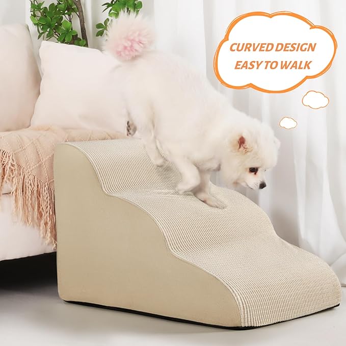 3-Step Dog Ramp and Stairs for Sofa and Chair - Non-Slip Sturdy Pet Steps for Small Dogs and Cats,15.7" H,Beige-PurrikoPets