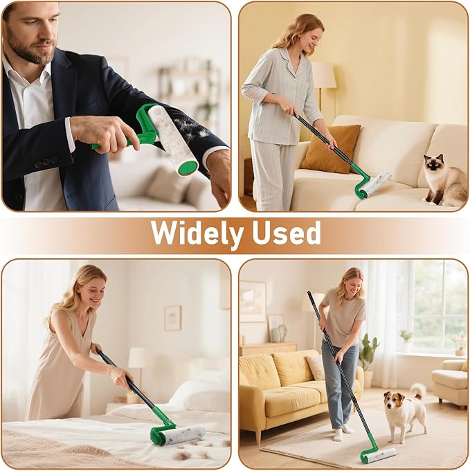 10" Large Lint Roller for Pet Hair Extra Sticky, Long Handle Floor Sticky Rollers with Big Lint Roller Refills for Cleaning Carpets, Cars, Furniture,Clothing, and Pet Hair,Green-PurrikoPets